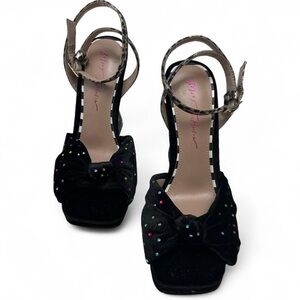 Black Embellished Bow Ankle-Strap Sandals